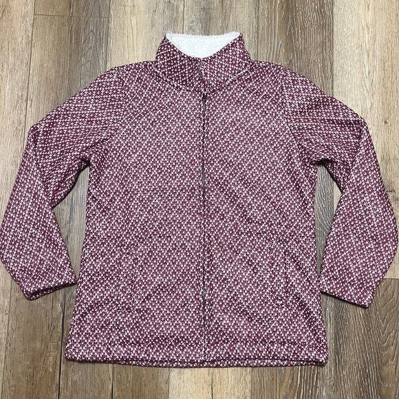 LL Bean Diamond Jacquard Anorak Full Zip Fleece Jacket Lg Red Hiking Fall 296574 - Picture 1 of 7